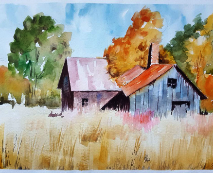 watercolor farm in summer
